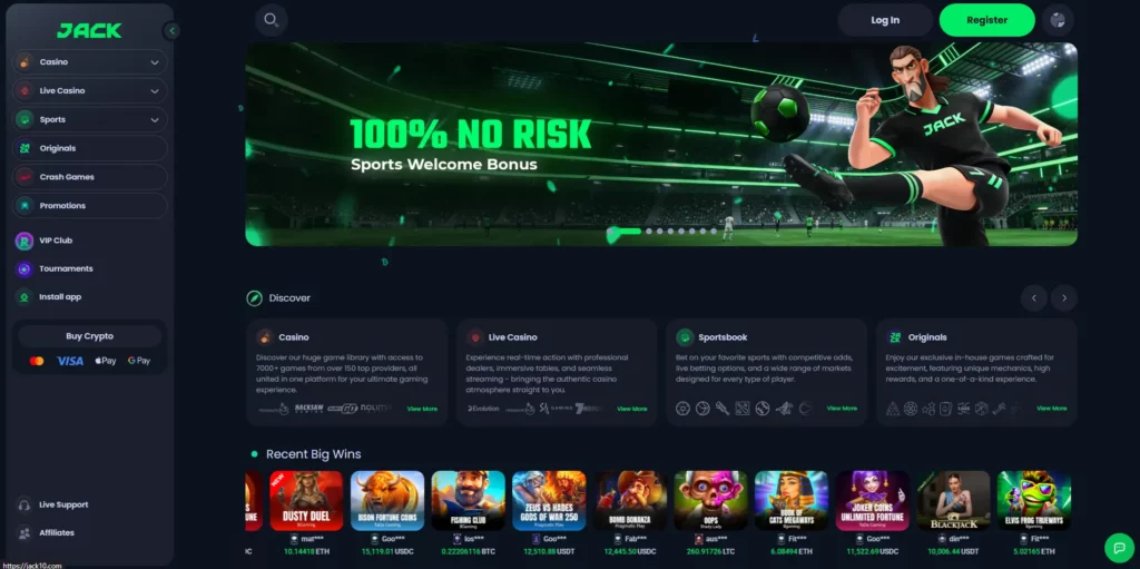 JACK casino main lobby and navigation interface